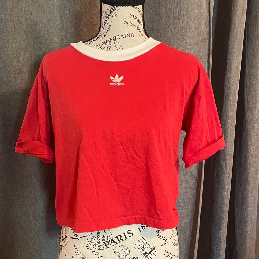 adidas Red Cropped Tee with White Rib Collar